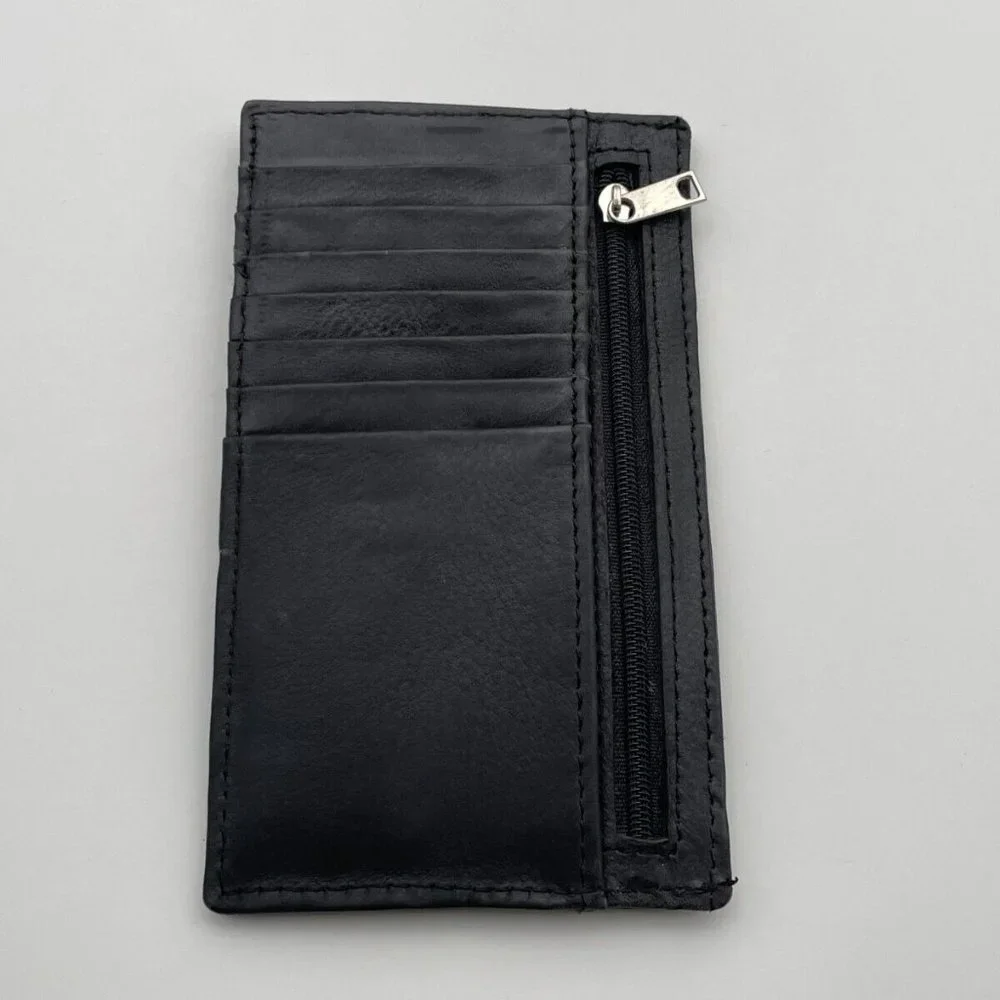 Long Card Holder Billfold Black Genuine Leather Wallet Handmade Coin Purse